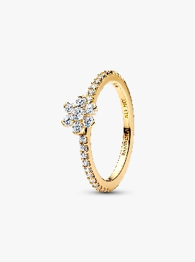 Pandora® Sterling silver flower 14k gold plated ring with clear cubic zirconia.