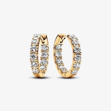 Sterling Silver Pandora® 14k gold plated hoop earrings with clear cubic zirconia.