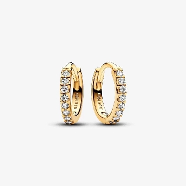 Sterling Silver Pandora® 14k gold plated hoop earrings with clear cubic zirconia.