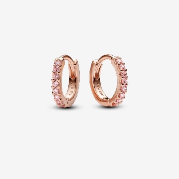 Pandora® sterling silver 14k rose gold plated huggie hoop earrings with fancy fairy tale pink cubic zirconia.