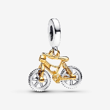 Pandora® Sterling silver and 14k gold plated moveable bike dangle with clear cubic zirconia.