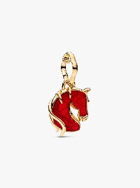 Pandora® sterling silver 14k gold plated horse dangle with red murano glass and gold foli.