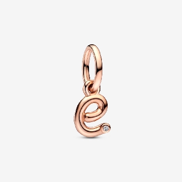 Pandora® 14k roes gold plated letter E dangle with clear cubic zirconia.