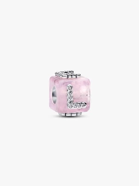 Pandora® Sterling silver love cube with pink murano glass and clear cubic zirconia.