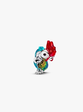 Pandora® sterling silver Disney Moana Heihei charm with black Murano glass; red; blue and shimmering green enamel.