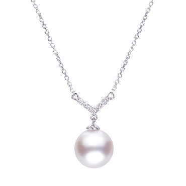14K white gold; 16/18  ; 8-8.5mm akoya  cultured pearl and diamond V necklace.
7 diamonds: 0.035 total carat weight.