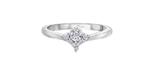 10k white gold Canadian diamond ring.

1 Canadian diamond #MLR821044 round
2 fancy cut diamonds 0.04ct
5 fancy cut diamonds 0.05ct
Canadian Certified Gold

Cert#338