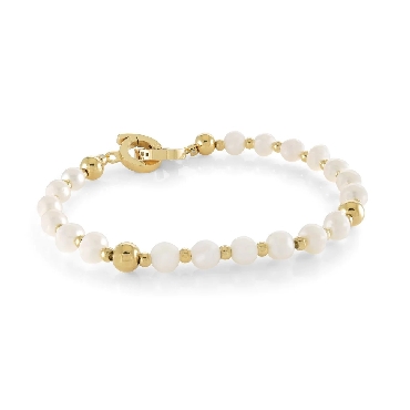 Italgem Steel; gold-IP; stainless steel; 6mm- freshwater pearls. 7.25   bracelet with handcuff clasp.