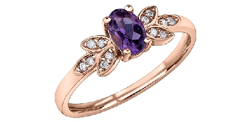 10k Rose gold Amethyst and Diamond ring.

1 Amethyst 6x4mm
12 Fancy Cut Diamonds 0.06ct

Canadian Certified Gold