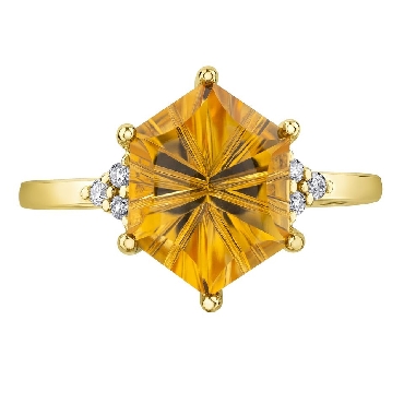 10K white gold; citrine and diamond ring.
1 citrine: 12x9mm
2 fancy cut diamonds: .03 carat
4 fancy cut diamonds: .04 carat
Canadian Certified Gold
