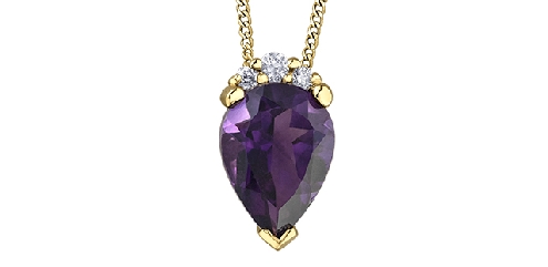 10k yellow gold Amethyst and diamond pendant.

1 amethyst 7x5mm
1 Fancy Cut Diamond 0.01ct
2 Fancy Cut Diamond 0.01ct

Canadian Certified Gold.