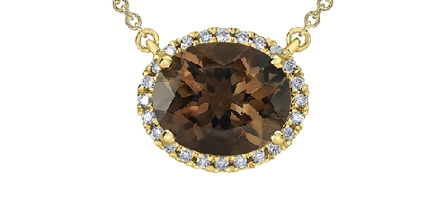 10k yellow gold smokey quartz and diamond pendant.

1 smokey quartz 11x9mm
24 fancy cut diamonds 0.16ct

Canadian Certified Gold.