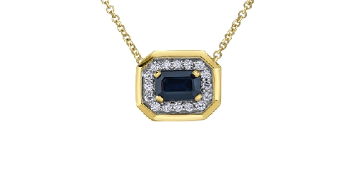 10k yellow gold sapphire and diamond pendant.

1 sapphire 6x4mm
16 fancy cut diamonds 0.16ct

Canadian Certified Gold.
