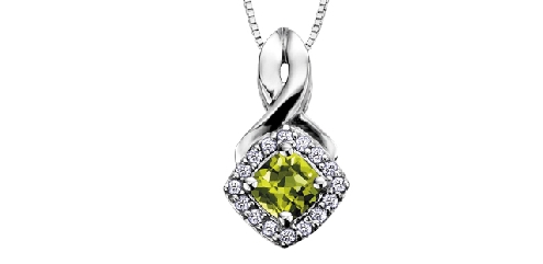 10k white gold; peridot and diamond pendant
1 peridot: 4x4mm
16 fancy cut diamonds: .08 total carat weight
Canadian certified gold