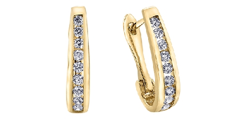 10k yellow gold diamond hoops.
20 fancy cut diamonds: 0.50 carat total weight
Canadian Certified Gold.
