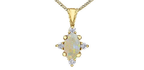 10k yellow gold opal and diamond pendant.

1 opal 5x3mm
4 fancy cut diamonds 0.03ct

Canadian Certified Gold.