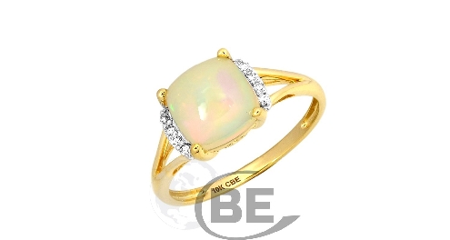 10K yellow gold; cabochon cut opal and diamond ring.