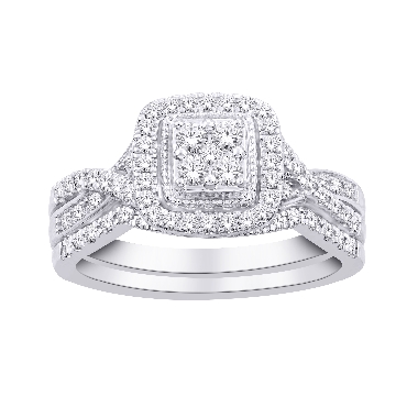 10k white gold diamond bridal set with halo. 

0.50ct.